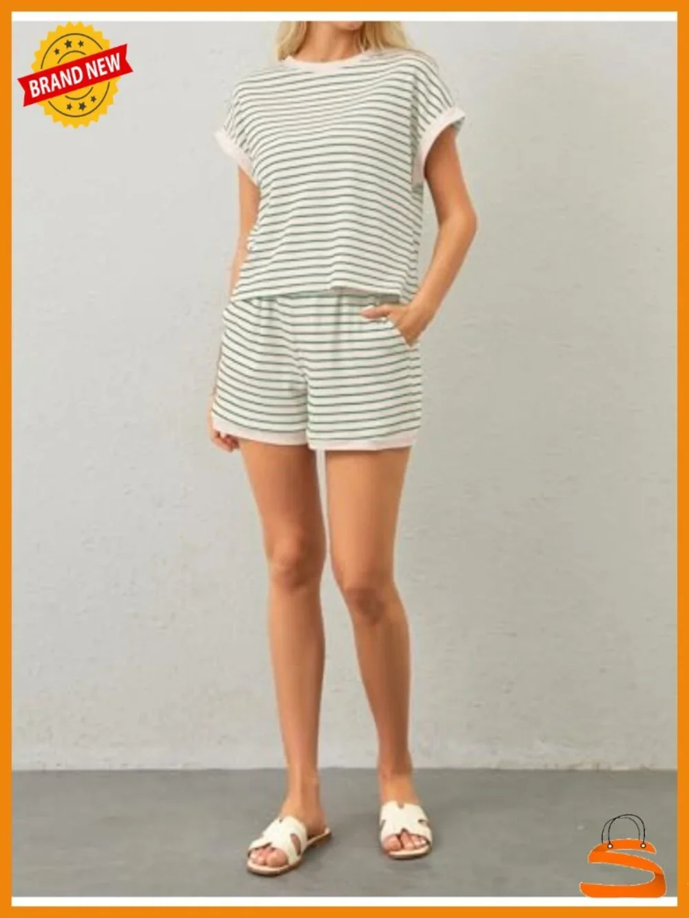 Striped Ribbed Knit 2 Piece Lounge Set Short Sleeve Tee and Shorts Pajama Set